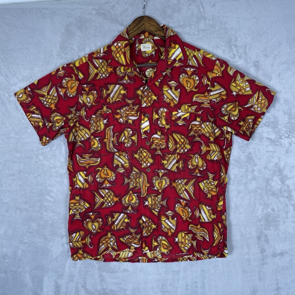 Vintage 50s 60s Penneys Hawaiian Shirt Mens Medium Cotton USA Loop Collar Camp